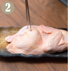 味が染み込みやすいよう、骨付きモモ肉に串やフォークで穴をあける